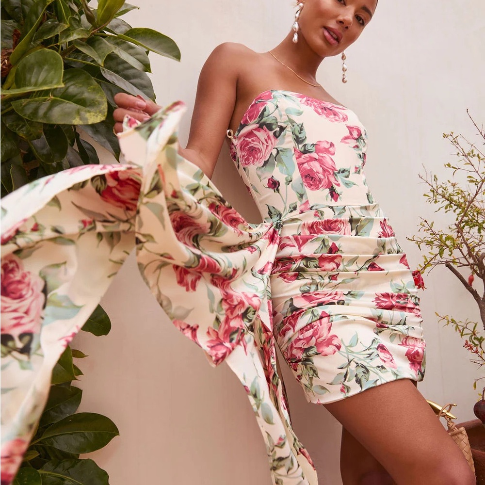 Strapless Dress with Pink and Green Floral Pattern